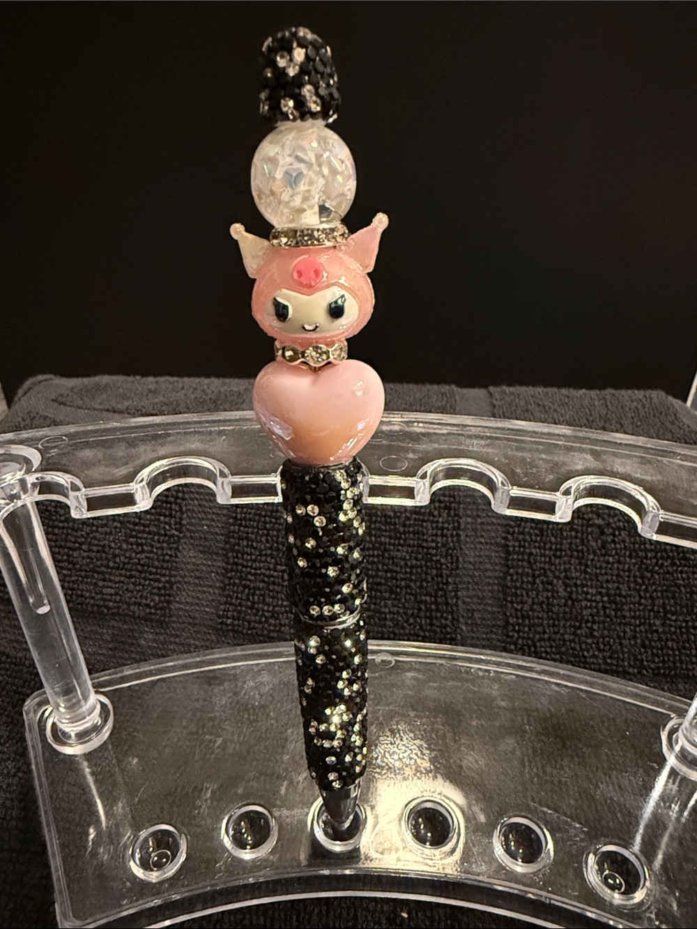 Handcrafted Pink Heart Character Bead Pen - Decorative Black Glitter Barrel